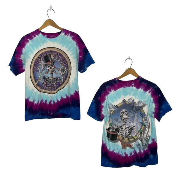 Vintage 1999 Grateful Dead Liquid Blue Tie Dye Skeleton Magician Double Sided - Picture 3 of 13